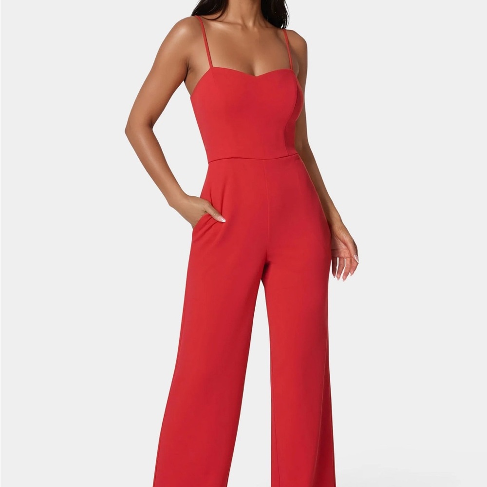 Vibrant Red Jumpsuit with Sweetheart Neckline and Wide-Leg Design